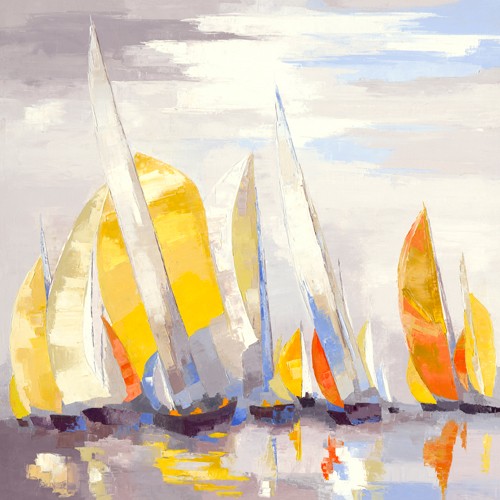 Laurence Mauviel, Rondinara (Segelboote, Regatta, Meer, zeitgenössische Malerei, modern, abstrahiert, Meeresbrise,  Wohnzimmer, Arztpraxis, Wunschgröße, bunt)