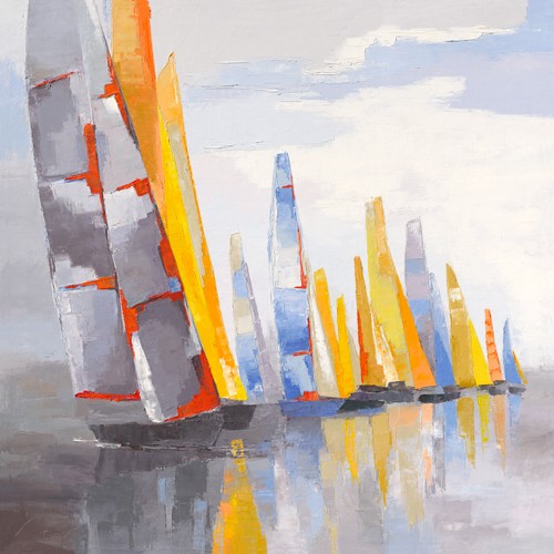 Laurence Mauviel, Hélios (Segelboote, Regatta, Meer, zeitgenössische Malerei, modern, abstrahiert, Meeresbrise, Wohnzimmer, Arztpraxis, Wunschgröße, bunt)