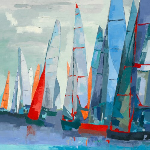 Laurence Mauviel, Barcolana (Segelboote, Regatta, Meer, zeitgenössische Malerei, modern, abstrahiert, Meeresbrise, Wohnzimmer, Arztpraxis, Wunschgröße, bunt)