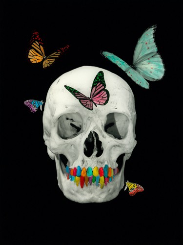 Riccardo Simonutti, Flying Eddy (Pop Art, Skull, Totenkopf, Schädel, Knochen, Schmetterlinge, bunte Zähne, Mediamix, Fotokunst, Wohnzimmer, Jugendzimmer, Wohnzimmer, Wunschgröße, zeitgenössisch,  schwarz/weiß/bunt)