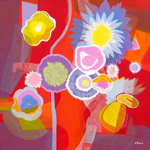 Pierre Mouné, Pop Art I (Blumen, Blüten, 68er, Hippie, Vintage, Retro, Flower power, leuchtend, Wohnzimmer, Jugendzimmer, zeitgenössisch,  Wunschgröße, bunt)