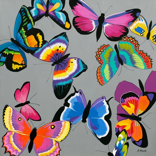 Pierre Mouné, Papillon (Schmetterlinge, 68er, Hippie, Vintage, Retro, Pop Art, leuchtend, Wohnzimmer, Jugendzimmer, zeitgenössisch, Wunschgröße, bunt)