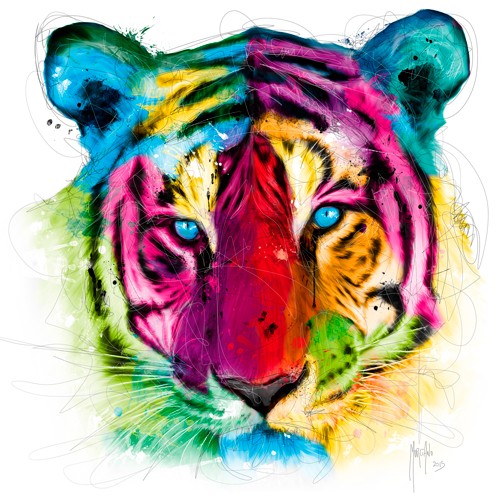 Patrice Murciano, Tiger Pop (Pop Art, Tiger, Tierportrait, Tigerkopf, Tier, Blick, aufmerksam, dynamisch, Leuchtfarben, Streifen, Neon, Schrill, Modern, Malerei, Jugendzimmer, Wohnzimmer, Treppenhaus, bunt)