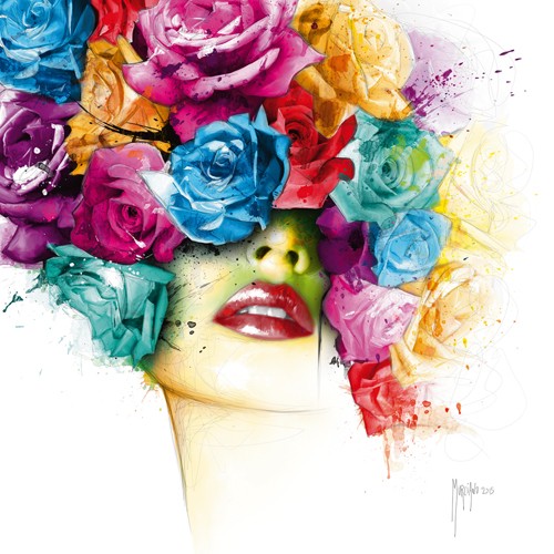 Patrice Murciano, La Vie en Rose (Pop Art, Gesicht, junge Frau, Kopfschmuck, Blumen, roter Mund, lasziv, Verführung, Leuchtfarben, Neon, Schrill, Modern, Malerei, sinnlich, Persönlichkeiten, Jugendzimmer, Wohnzimmer, Schlafzimmer, bunt,)