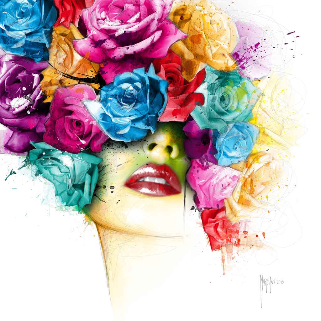 Patrice Murciano, La Vie en Rose (Pop Art, Gesicht, junge Frau, Kopfschmuck, Blumen, roter Mund, lasziv, Verführung, Leuchtfarben, Neon, Schrill, Modern, Malerei, sinnlich,   Jugendzimmer, Wohnzimmer, Schlafzimmer, bunt,)