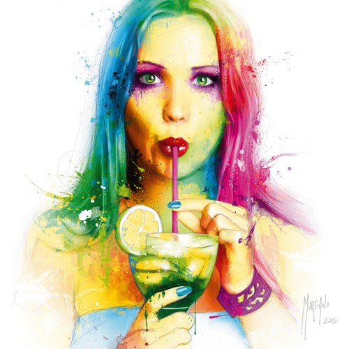 Patrice Murciano, Salsa Caliente (Pop Art, Gesicht, junge Frau, Cocktail, Erfrischung, Leuchtfarben, Neon, Schrill, Modern, Malerei, sinnlich, Persönlichkeiten, Jugendzimmer, Wohnzimmer, Schlafzimmer, bunt)