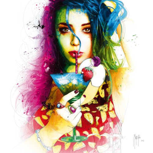 Patrice Murciano, Cuba Libre (Pop Art, Gesicht, junge Frau, Cocktail, Erfrischung, lasziv, Verführung, sinnlich, Leuchtfarben, Neon, Schrill, Modern, Malerei,  Persönlichkeiten, Jugendzimmer, Wohnzimmer, Schlafzimmer, bunt)