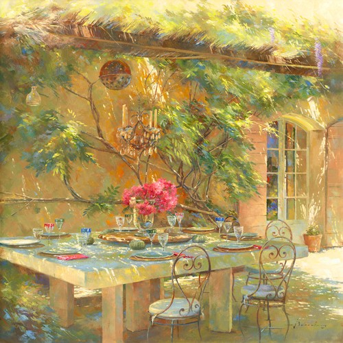 Johan Messely, Le goût du Sud (Malerei, Nostalgie, Garten,  Natur, Mediterran, Terrasse, gedeckter Tisch, Sommer, Haus, Pflanzen, Blumen, Entspannung, Ruhe, Schatten, Idylle, Sonnenlicht, Wohnzimmer, Wintergarten, Wunschgröße, bunt)