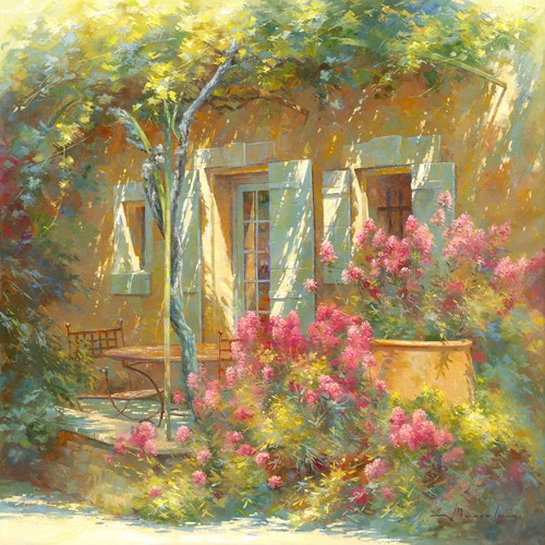 Johan Messely, Bouquet de Valérianes (Garten,  Natur, Mediterran, Terrasse, Haus, Pflanzen,  Entspannung, Ruhe, Schatten, Idylle, Sonnenlicht, Nostalgie, Wohnzimmer, Wintergarten, Malerei, Wunschgröße, bunt)