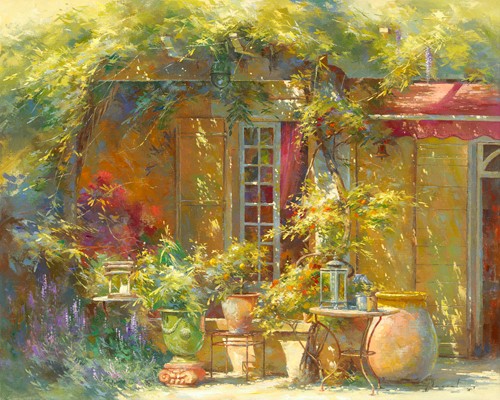 Johan Messely, Lumière d`été (Garten,  Natur, Mediterran, Terrasse, Haus, Pflanzen,  Entspannung, Ruhe, Schatten, Idylle, Sonnenlicht, Nostalgie, Wohnzimmer, Wintergarten, Malerei, Wunschgröße, bunt)