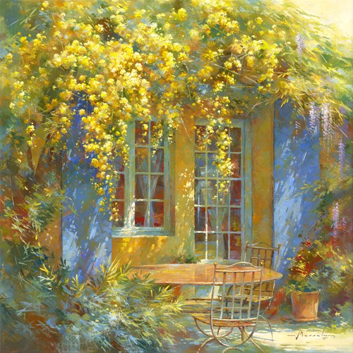 Johan Messely, Palette printanière (Garten,  Natur, Mediterran, Terrasse, Haus, Pflanzen,  Entspannung, Ruhe, Schatten, Idylle, Sonnenlicht, Nostalgie, Wohnzimmer, Wintergarten, Malerei, Wunschgröße, bunt)