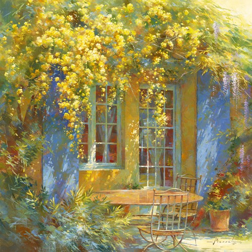 Johan Messely, Palette printanière (Garten,  Natur, Mediterran, Terrasse, Haus, Pflanzen,  Entspannung, Ruhe, Schatten, Idylle, Sonnenlicht, Nostalgie, Wohnzimmer, Wintergarten, Malerei, bunt)