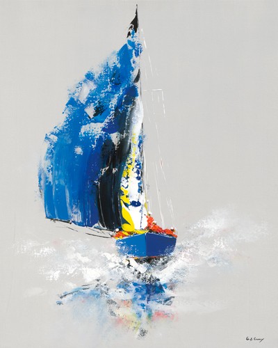 Gérard de Courcy, Le Bateau Bleu (Meeresbrise, Segler, abstrakte Malerei, Segelboot, blaues Segel, Modern, Wohnzimmer, Treppenhaus, Wunschgröße, bunt)
