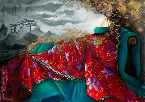 Valérie Maugeri, Contemplation (Malerei, Muster, Stoffmuster, Tücher, asiatisch, Japan, japanische Landschaft,  dekorativ, exotisch, Wohnzimmer, Schlafzimmer, bunt)
