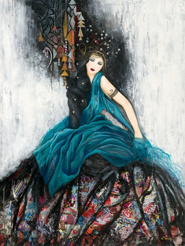 Valérie Maugeri, Le voile bleu (Frau, rauschendes Kleid, Stoffmassen, Kopfschmuck, kunstvolle Frisur, Hochsteckfrisur, dekorativ,  Wohnzimmer, Schlafzimmer, Wunschgröße, Malerei, modern, bunt)