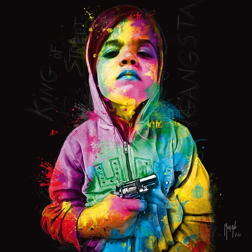 Patrice Murciano, Gangsta Child, King of Street (Pop Art, Kind, Pistole, Gangster-Kind, Portrait, Trotz, Leuchtfarben, Neon, Schrill, Modern, Malerei, Persönlichkeiten, Jugendzimmer, Wohnzimmer,  bunt)