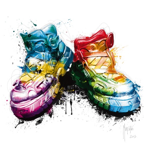 Patrice Murciano, My Shoes (Pop Art, Schuhe, Sportschuhe, Boots, ausgelatscht, Leuchtfarben,  Modern, Malerei, Jugendzimmer, Wohnzimmer, Treppenhaus, bunt)