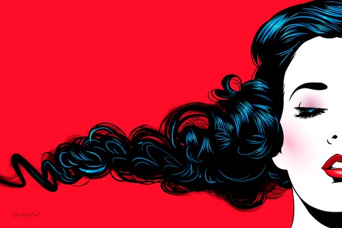 Thierry Beaudenon, Black Curl on red (Frau, Gesicht, Portrait, Haare, Locken, Pop Art, Malerei, leuchtend, Treppenhaus, Wohnzimmer, Wunschgröße, bunt)