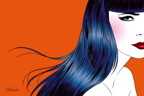Thierry Beaudenon, Blue Hair (Frau, Gesicht, Portrait, Haare, Haarpracht, Pop Art, Malerei, leuchtend, Treppenhaus, Wohnzimmer, Wunschgröße, bunt)