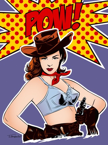 Thierry Beaudenon, Pow! (Frau, Portrait, Cowboyhut, Western-Girl, Colt,  Pop Art, Comic Stripe, Malerei, leuchtend, Treppenhaus, Wohnzimmer, Wunschgröße, bunt)