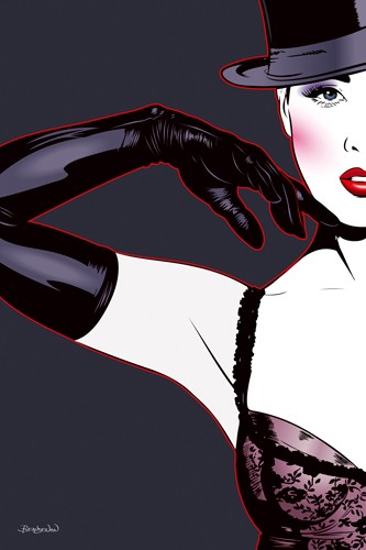 Thierry Beaudenon, Cabaret Glamour (Frau, Gesicht, Portrait, Hut, lasziv, Corsage, Cabaret, Pop Art, Malerei, leuchtend, Treppenhaus,Wunschgröße, Wohnzimmer, bunt)