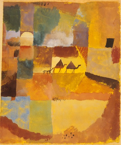 Paul Klee, Zwei Kamele und ein Esel 1919 (Malerei, Expressionismus, Landschaft, Afrika, Kamele, Karawane, Häuser,  Nordafrika, Klassische Moderne, Arztpraxis, Schlafzimmer, Wohnzimmer, Wunschgröße, bunt)