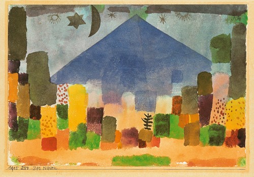 Paul Klee, Der Niesen 1915 (Malerei, Expressionismus, Landschaft, Ägypten, Pyramide, Sterne, Mond, Häuser,  Nordafrika, Klassische Moderne, Arztpraxis, Schlafzimmer, Wohnzimmer, Wunschgröße, bunt)