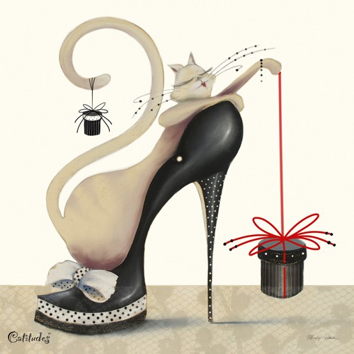 Marilyn Robertson, Zsa Zsa (Malerei, Katze, Eleganz,  Diva, weiße Katze, Geschenke, Schuh, Hutschachtel, Pumps High Heels, dekorativ, Schlafzimmer, Treppenhaus, Wohnzimmer,  Bistro, bunt)