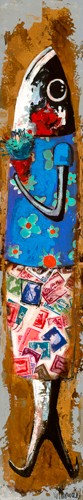 Natalia Villanueva, Romántica (Fisch, Sardine, Blumenstrauß, romantisch, witzig, lustig, komisch, Sommer, Treppenhaus, Wohnzimmer, Fischrestaurant, Gastronomie, Esszimmer, Malerei, modern, Wunschgröße, bunt)