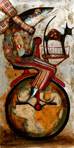 Natalia Villanueva, Trotamundos (Fisch, Forella, Einrad, fahren, Katze, Fahrradkorb, witzig, lustig, komisch, Treppenhaus, Wohnzimmer, Fischrestaurant, Gastronomie, Esszimmer, Malerei, modern, Wunschgröße, bunt)