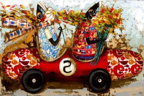 Natalia Villanueva, Luna de miel (Fische, Sardinen, Paar, Rennwagen, Auto,  fahren, Kaktus, Fahrradkorb, witzig, lustig, komisch, Treppenhaus, Wohnzimmer, Fischrestaurant, Gastronomie, Esszimmer, Malerei, modern, Wunschgröße, bunt)