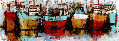 Natalia Villanueva, Puerto Pesquero (Fischerhafen, Fischerboote, Boote, Hafen, Gedrängel, Enge, moderne Malerei, dekorativ, Wunschgröße, Wohnzimmer, Treppenhaus, bunt)