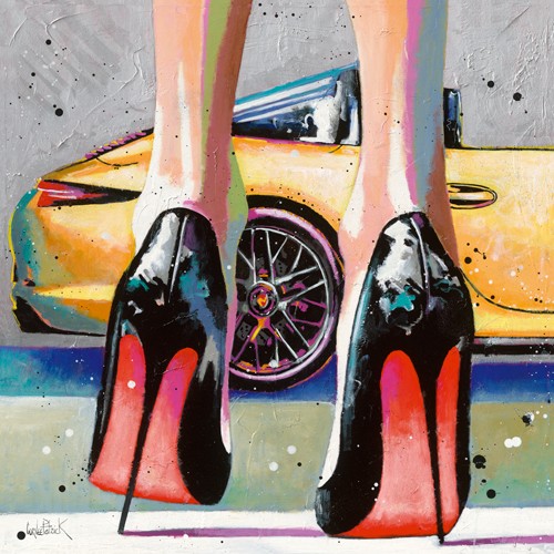 Patrick Cornée, My high Heels, my pretty Car and Me (High Heels, Frauenfüße, Sportwagen, Cabriolet, Luxus, Wohnzimmer, Schlafzimmer, Flur, Figurativ, Wunschgröße, modern, bunt,)