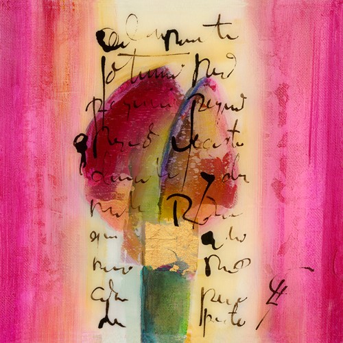 Gemma Leys, Amor (Modern, Abstrakt, Abstrakte Malerei, Farbflächen, Blume, Blüte, Tulpe, Kalligraphie, Schrift, Wunschgröße, Wohnzimmer, Treppenhaus, bunt)