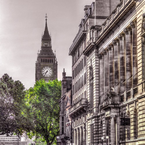 Assaf Frank, London Tree (Big Ben, Glockenturm,  London,  Wahrzeichen, Architektur, Fotokunst, Colourspot, Wohnzimmer, Wunschgröße, schwarz/weiß/ grün)