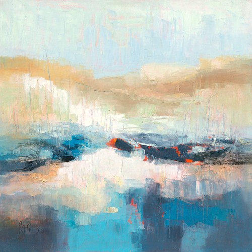 Chantal Parise, Rivage Corse (Segelboote, abstrahiert, Wunschgröße, Malerei, Meeresbrise,  modern, Meer,Schlafzimmer, Badezimmer, Treppenhaus, Wohnzimmer, bunt)