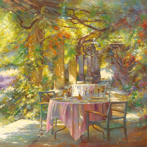 Johan Messely, Instant bénit (Garten,  Natur, Mediterran, Terrasse, Haus, Pflanzen,  Entspannung, Ruhe, Schatten, Idylle, Sonnenlicht, Nostalgie, Wohnzimmer, Wintergarten, Malerei, bunt)