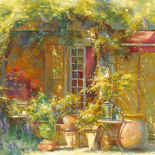 Johan Messely, Lumière d`été (Garten,  Natur, Mediterran, Terrasse, Haus, Pflanzen,  Entspannung, Ruhe, Schatten, Idylle, Sonnenlicht, Nostalgie, Wohnzimmer, Wintergarten, Malerei, bunt)