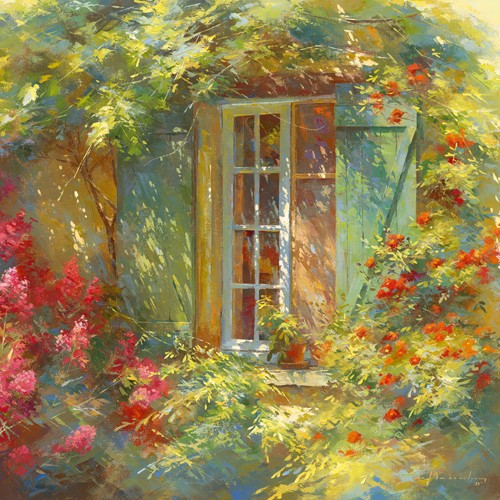 Johan Messely, Charme Provençale (Garten,  Natur, Mediterran, Terrasse, Haus, Pflanzen,  Entspannung, Ruhe, Schatten, Idylle, Sonnenlicht, Nostalgie, Wohnzimmer, Wintergarten, Malerei, Wunschgröße, bunt)