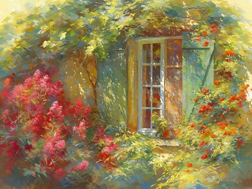 Johan Messely, Charme Provençale (Garten,  Natur, Mediterran, Terrasse, Haus, Pflanzen,  Entspannung, Ruhe, Schatten, Idylle, Sonnenlicht, Nostalgie, Wohnzimmer, Wintergarten, Malerei, bunt)