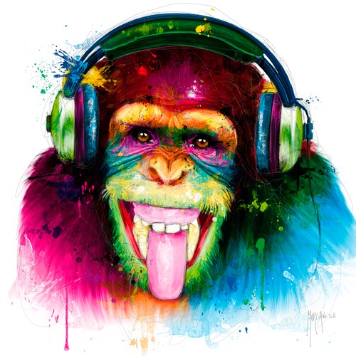 Patrice Murciano, DJ Monkey (Pop Art, Disc Jockey, Affee, Schimpanse, Kopfhöhrer, Zunge, frech, witzig, Humor, Leuchtfarben, Neon, Schrill, Modern, Malerei, Jugendzimmer, Wohnzimmer, Jugendzentrum,  bunt)