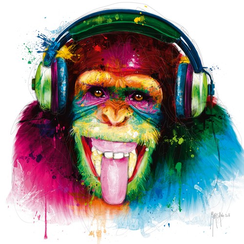Patrice Murciano, DJ Monkey (Pop Art, Disc Jockey, Affee, Schimpanse, Kopfhöhrer, Zunge, frech, witzig, Humor, Leuchtfarben, Neon, Schrill, Modern, Malerei, Jugendzimmer, Wohnzimmer, Jugendzentrum, bunt)