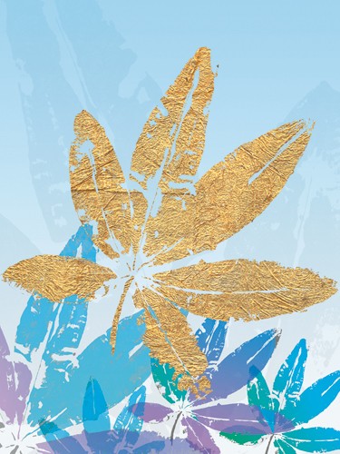SARA Design, Goldnes Sommerblau III (Pflanze, Blatt, Abdruck, dekorativ, floral, Schlafzimmer, Treppenhaus, Wohnzimmer, gold/bunt ,)