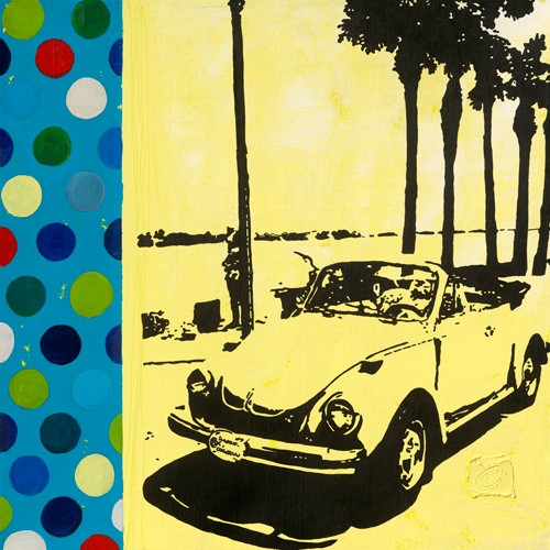 Chrystelle Gouy, Coccinelle in the Sun (Käfer, Cabrio, Volkswagen, Nostalgie, Urlaub, Palmen, retro, Vintage, modern, Fotokunst, Jugenzimmer, Wohnzimmer, Wunschgröße, schwarz/gelb)