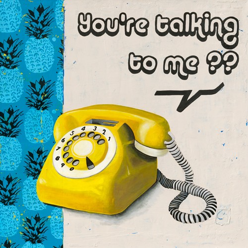 Chrystelle Gouy, You´re talking to me?? (gelbes Telefon, historisch, Wählscheibe, Nostalgie, retro, Vintage, modern, Fotokunst, Jugenzimmer, Wohnzimmer, Wunschgröße, schwarz/gelb/blau)