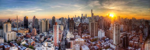 Aurélien Terrible, Astoria Park (Wunschgröße, Fotokunst, Städte, Metropole, Skyline, Sonnenaufgang, Hochhäuser, Wolkenkratzer,  Büro, Wohnzimmer, bunt)