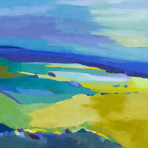 Laurence Mauviel, Bleu safran (Landschaftsmalerei, Felder, zeitgenössische Malerei, modern, abstrahiert, Wunschgröße, Wohnzimmer, Arztpraxis,  bunt)
