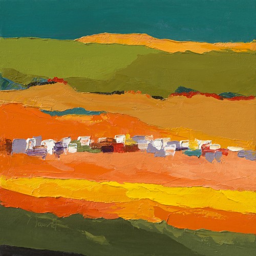 Laurence Mauviel, Vert mandarine (Landschaftsmalerei, Felder, Hügel, Dorf, pastos, leuchtend, zeitgenössische Malerei, modern, abstrahiert, Wunschgröße, Wohnzimmer, Arztpraxis,  bunt)