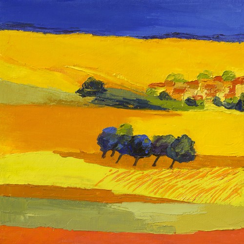 Laurence Mauviel, Reflets d´été (Landschaftsmalerei, Felder, Bäume, Dorf, pastos, leuchtend, zeitgenössische Malerei, modern, abstrahiert, Wunschgröße, Wohnzimmer, Arztpraxis,  bunt)