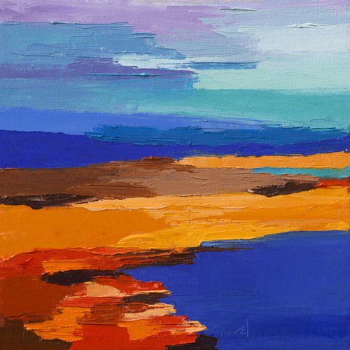 Laurence Mauviel, Entre ciel et mer (Landschaftsmalerei, Küste, Meer, Himmel, pastos, leuchtend, zeitgenössische Malerei, modern, abstrahiert, Wunschgröße, Wohnzimmer, Arztpraxis,  bunt)
